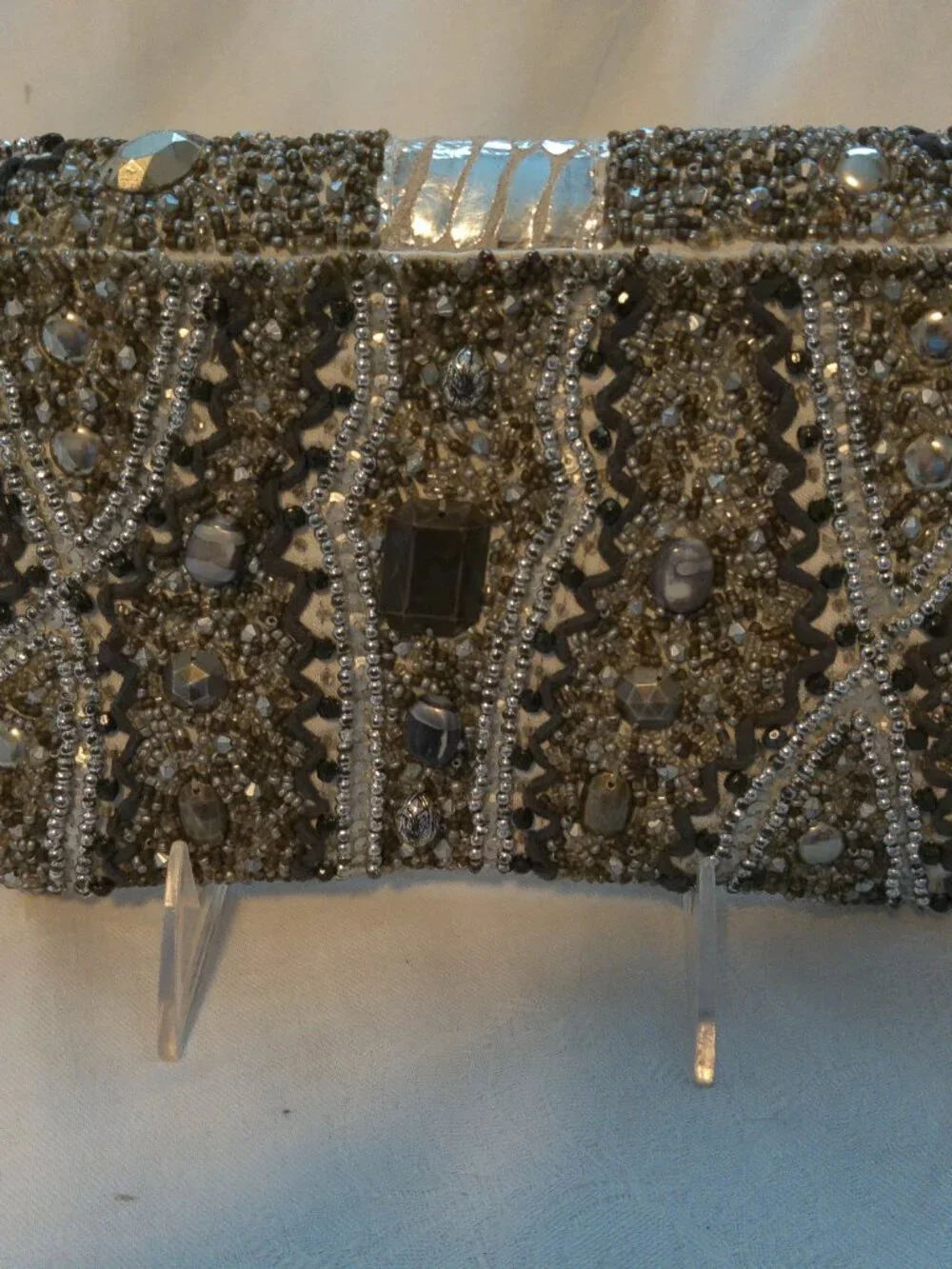 Mary Frances Grey Silver Black Beaded Evening Bag Purse VGUC